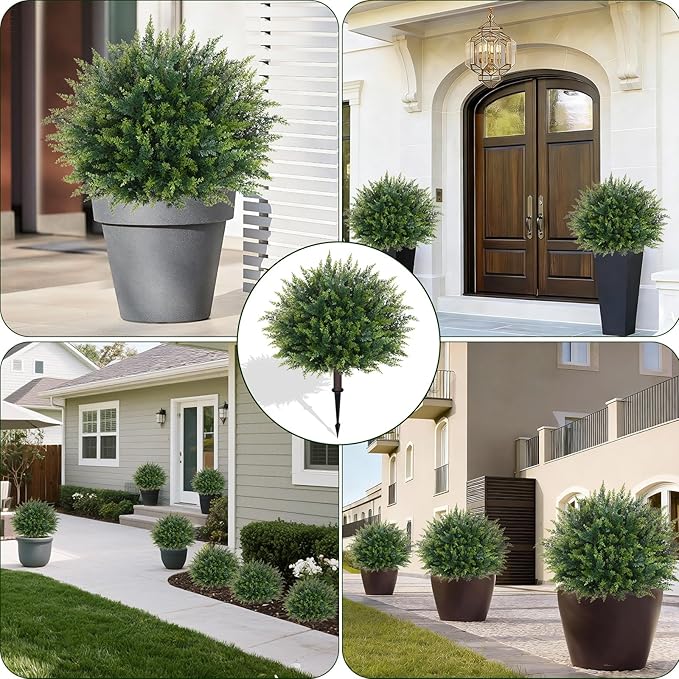 Waipfaru Artificial Plants Outdoor, 23'' Artificial Cedar Topiary with Ground Spike, UV-Resistant Fake Plants Fake Bushes for Outdoor Indoor Garden Front Porch Decor (4Pcs)