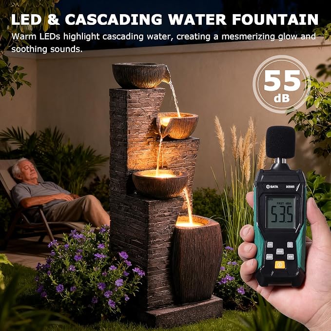 38.2" Tall Water Fountain Outdoor Garden,4 Tiers Modern Cascading Bowls and Stacked Stones Indoor Fountains with LED Lights for Patio, Deck, Porch, Backyard and Home Art Decor(Reddish-Brown