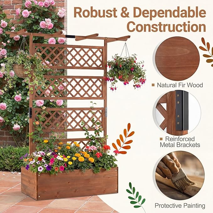 COSTWAY Wooden Raised Garden Planter with Trellis and Roof, 72" Freestanding Privacy Screen & Climbing Plant Support for Outdoor Patio, Balcony, Vegetable, Herb, and Flower Gardening (Brown,1)