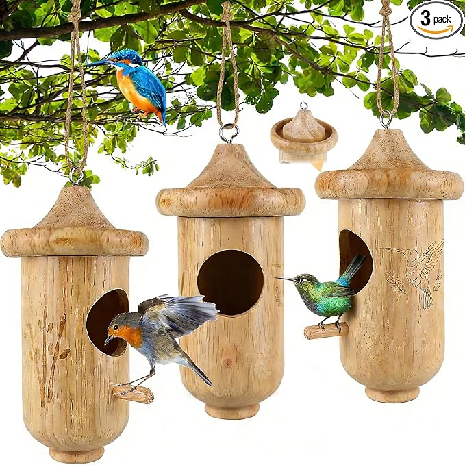 Hummingbird House for Outside Hanging, Small Wooden Hummingbird Gifts Nest 3 Pack with Hemp Ropes, Gardening Gifts Humming Bird Houses Home Decoration