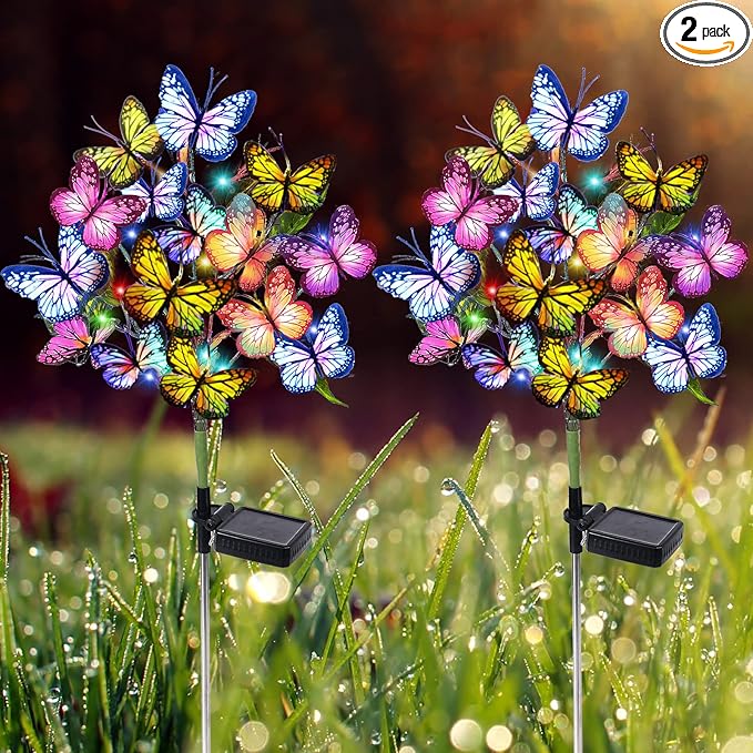 Adecorty Solar Garden Lights Outdoor Waterproof Decorative Solar Lights Outdoor 2 Pack with 44 LED 34 Butterfly Flower Garden Decor Yard Patio Lawn, Gifts for Mother's Day Mom Women