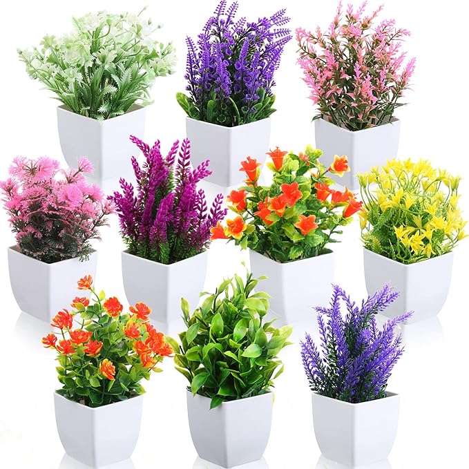 10 Pack Small Fake Plants Mini Artificial Fake Potted Indoor Plastic Artificial Plants Aesthetic Eucalyptus Greenery Decor for Office Shelves Living Room Bathroom Bedroom