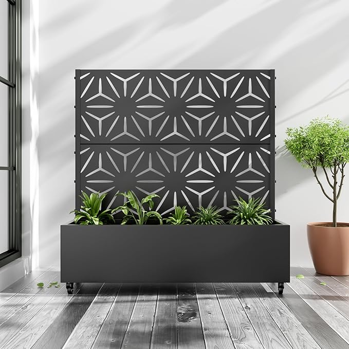 Casaphoria Metal Raised Garden Bed with Trellis and Wheels, 47"x47"x16" Planter Box for Climbing Plants, Vegetables & Vines, Features Drainage Holes and Privacy Screen Black-Star