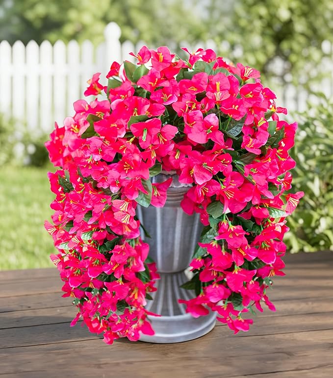 HyeFlora Bougainvillea Artificial Hanging Flowers Plants for Outdoors Decoration, 2pcs Fake Flowers Silk Bougainvillea Vines Realistic UV Resistant Faux Flowers for Planters Porch Patio Urn, Hot Pink