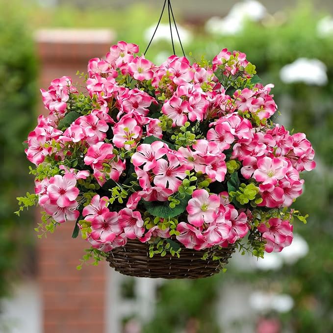 Artificial Geranium Flowers for Outdoor Decoration, 6 Bundles UV Resistant Silk Geranium Fake Plants Faux Flowers for Front Porch Garden Patio Window Box Outside Indoor Decor (Pink)