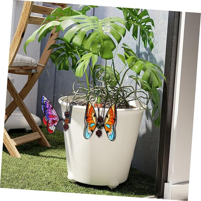 HANABASS 3Pcs Stained Glass Butterfly Plant Pot Hugger Decor - Metal Hanging Flower Planter Ornaments - Outdoor Garden Figurine Art for Potted Plants & Herbs