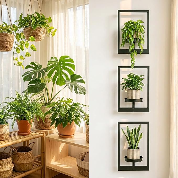 Picture Frame Wall Planters Set of 3, Modern Metal Hanging Shelves for Plants, Rustproof Wall Mount Flower Pot Holder for Indoor Outdoor, Decorative Plant Stand for Living Room Patio, Gold