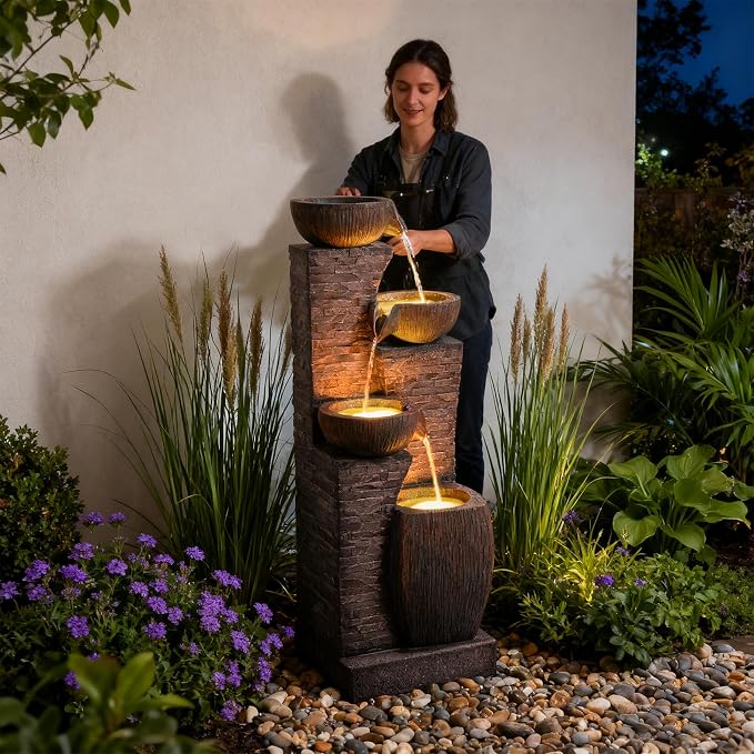 38.2" Tall Water Fountain Outdoor Garden,4 Tiers Modern Cascading Bowls and Stacked Stones Indoor Fountains with LED Lights for Patio, Deck, Porch, Backyard and Home Art Decor(Reddish-Brown