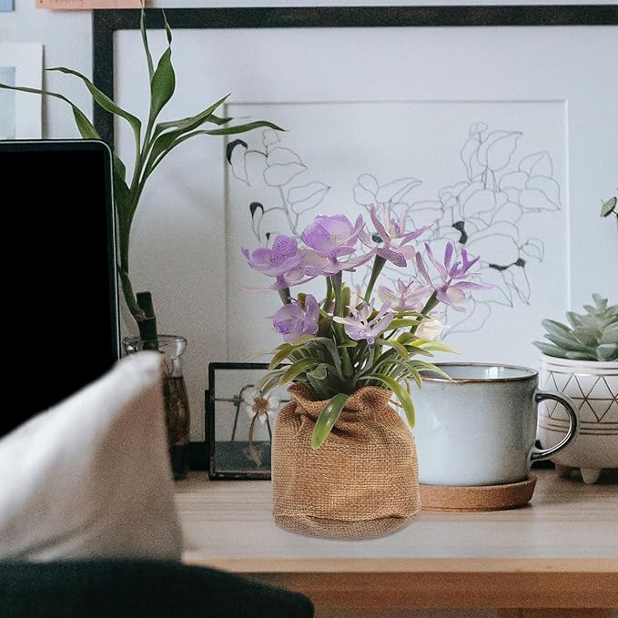 Realistic Faux Phalaenopsis Orchid Flower Plant in Potted Burlap Bag Simulation Butterfly Orchid for Home Table Decor for Office and Living Room