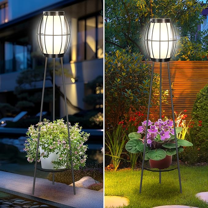 2 Pack Solar Lights Outdoor with Plant Stands, Solar Floor Lamps, Black Metal Tripod Deck Lights, Patio Decor for Garden Yard Pathway Driveway Porch