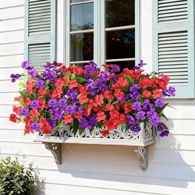 Artificial Impatiens Flowers for Outdoors, 6 Bundles Silk Fake Flowers for Spring Summer Decoration, UV Resistant Faux Plants Plastic Bouquet for Home Planter Porch Patio Yard Decor(Red Purple)