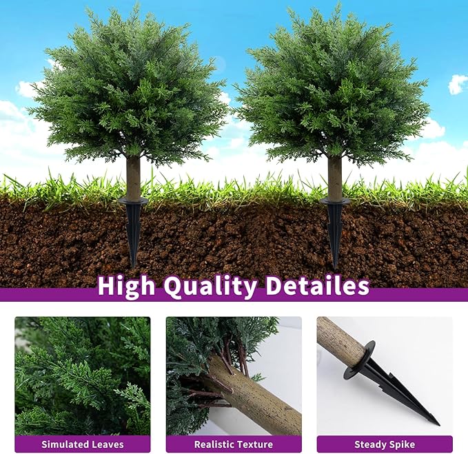27.6 Inch Artificial Cedar Topiary Ball Trees, Set of 2 UV Resistant Fake Evergreen Trees Shrubs Bushes Artificial Plants with Ground Spike Faux Cypress Plants for Outdoor Front Porch Garden Decor