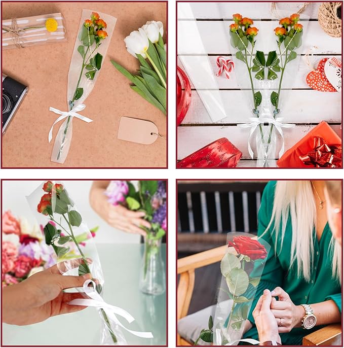 Bayurht 101 Pcs Single Rose Sleeve with Floral Water Tubes 50 Sets Single Flower Packaging Bags Single Flower Sleeve with Ribbons and Floral Water Tubes for Christmas Bouquets Wrapping (Transparent)