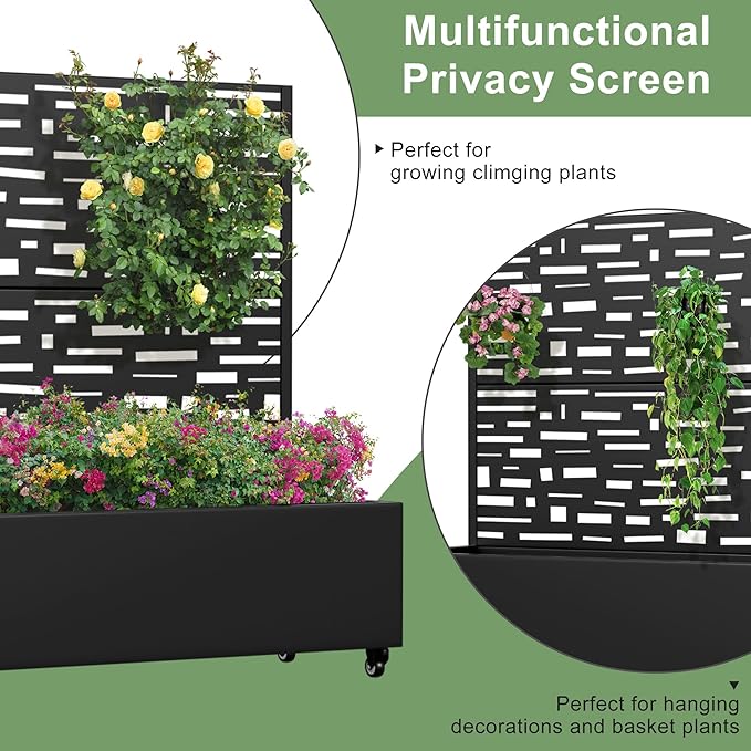 Casaphoria Metal Raised Garden Bed with Trellis and Wheels, 47"x47"x16" Planter Box for Climbing Plants, Vegetables & Vines, Features Drainage Holes and Privacy Screen (Black-Gerald)