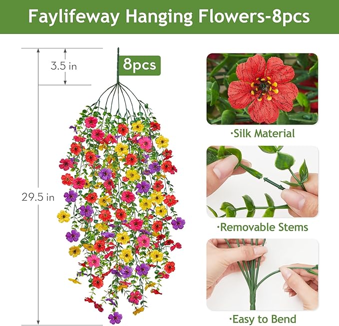 Artificial Hanging Flowers for Outdoors Spring Summer Decoration, 8PCS UV Resistant Silk Fake Hanging Plants for Patio Porch Front Yard Window Garden Indoor Decor(Spring Color,8PCS)