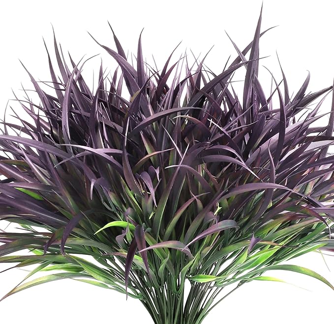 Ouddy Decor 16 Bundles Artificial Plants Outdoor Fake Grass Greenery Stems UV Resistant Faux Plastic Plants Shrubs for Spring Summer Garden Pathway Window Box Farmhouse Front Porch Home Decor, Purple