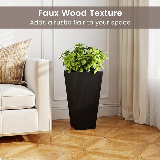 Giantex Tall Square Planters Set of 2, 22.5 inch Self-Watering Flower Pots with/Removable Inner Bucket & Drainage Holes, Indoor Outdoor Decorative Plant Containers for Front Porch Home Balcony, Black