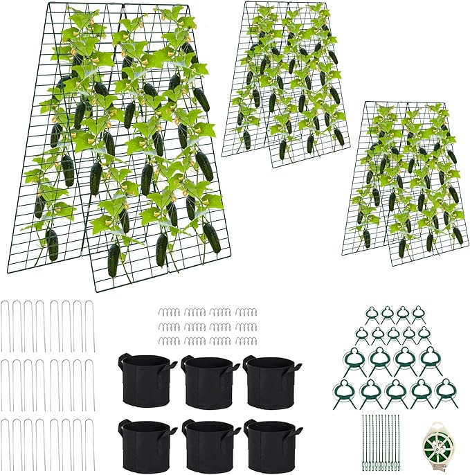 Foldable Cucumber Trellis - 3 Pack, 48" L x 34" W A-Frame Trellis, Climbing Plants Support Raised Bed Trellis, with Twist Ties & Plant Bags for Outdoor Yards Gardens