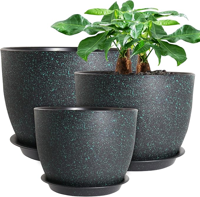 UOUZ 12/10/9 Large Modern Plant Pots, Plastic Planters with Drainage Holes and Saucers for Indoor Outdoor Plants Flowers, Black with Green Speckles