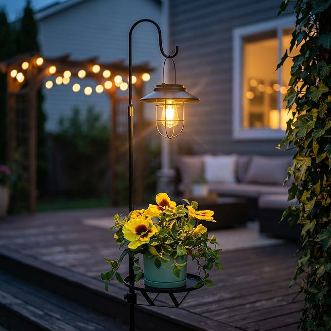 60.62'' Shepherd's Hook Stand Plant with Solar Lantern, Outdoor Floor Lamp, Wind Chime Hanger Stand, Waterproof Metal & Adjustable Height Standing Pole Holder Garden Light for Patio, Porch, Deck Decor