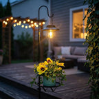 60.62'' Shepherd's Hook Stand Plant with Solar Lantern, Outdoor Floor Lamp, Wind Chime Hanger Stand, Waterproof Metal & Adjustable Height Standing Pole Holder Garden Light for Patio, Porch, Deck Decor
