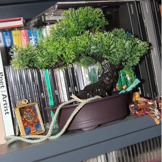 Artificial Bonsai Tree, Realistic Fake Cypress Plant in Pot with Decorative Rocks, 8-inch ndoor Decor, Home Office Desk, Bathroom Shelf, Bedroom, and Farmhouse Living Room