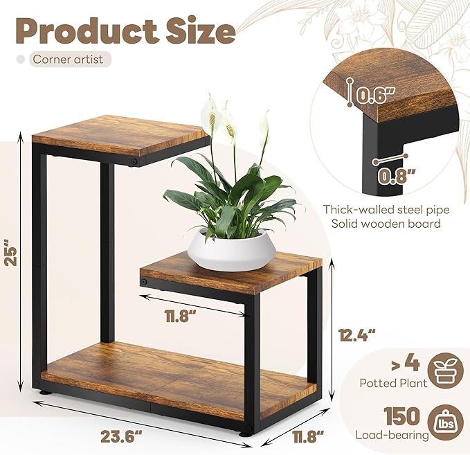 3 Tier Plant Stand Indoor, Thickened Metal Wood Corner Plant Shelf Stands for Multiple Plants, Indoor Tall Plants Stand Tiered Flower Holder for Living Room Patio Garden Balcony(Black+Brown)