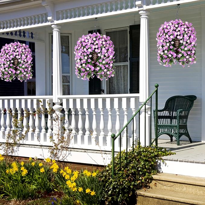 Artificial Hanging Daisy Flowers Plants Baskets for Outdoor Decoration, Fake Silk Light Fuchsia Mums Orchid Trailing Vines in Planter Realistic UV Resistant for Balcony Porch Decor
