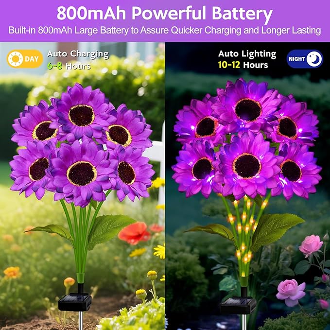 Solar Sunflower Lights Outdoor Garden Decor, 4 Pack Solar Purple Flowers Lights with 24 Sunflowers, Waterproof Fall Decor Stake Decorative Light Auto ON/Off for Garden Yard Patio, Gift for Women