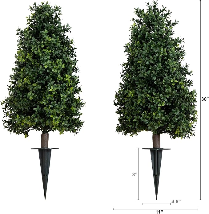 Nearly Natural 2.5 ft Artificial Boxwood Plants, Set of 2, UV Resistant with Integrated Ground Stakes for Indoor Outdoor Garden Decor