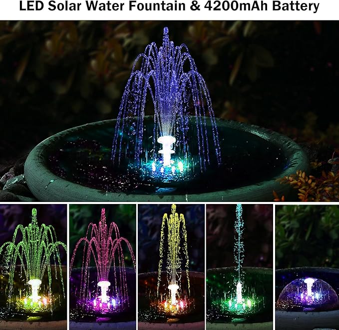 Antfraer 12W Solar Fountain Pump with 4200mAh Battery Backup& Remote RGB LED Lights, Floating Solar Water Fountain with 8 Nozzles & PVC Tubing for Bird Bath, Garden, Backyard, Outdoor Water Feature
