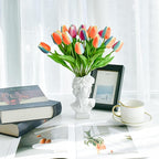 Mandy's Rainbow Orange Artificial Tulips Flowers Centerpiece, 13.5" Lifelike PU Fake Floral Stems 20pcs for Kitchen Island & Dining Table, Spring Decor for Easter