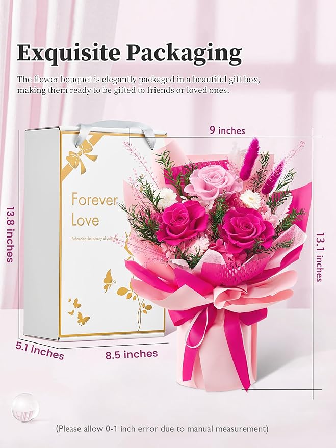 Preserved Flowers Bouquet, Forever Flowers for Delivery, Mothers Day Long-Lasting Real Roses Bouquet, Anniversary Birthday Flowers Gifts for Mom Grandma Women Wife Her (Hot Pink)