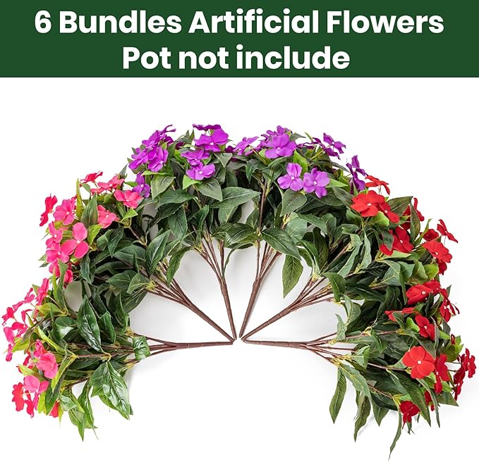 Nigirior Artificial Fake Flowers for Outdoor Décor 6 Bundles UV Resistant Fake Plants for Planter Faux Impatiens for Home Porch/Garden Stunning（Red/Rose Red/Purple）