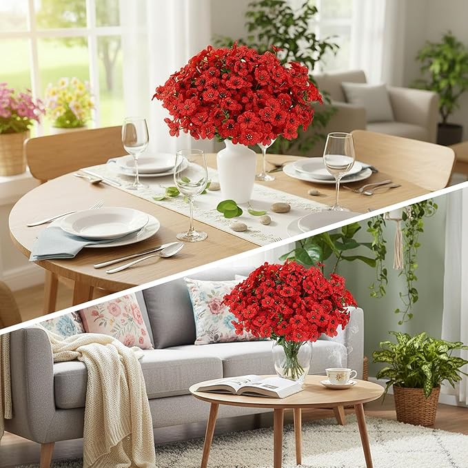 CEWOR 12 Bundles Artificial Flowers for Outdoor Indoor, Fake Silk Daisy with Eucalyptus Leaves, Faux Flower for Valentine's Day Decor Garden Front Door Porch Planter Patio Home Decor (Red)