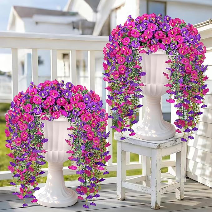 Artificial Hanging Flowers for Outdoors, 4 PCS 600 Blooms UV Resistant Morning Glory Faux Silk Vines, No-Odor Realistic Fake Plants for Garden Planter Porch Patio Decoration, Fuchsia & LightPurple
