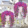 Artificial Hanging Flowers for Outdoors, 4 PCS 600 Blooms UV Resistant Morning Glory Faux Silk Vines, No-Odor Realistic Fake Plants for Garden Planter Porch Patio Decoration, Fuchsia & LightPurple