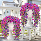 Artificial Hanging Flowers for Outdoors, 4 PCS 600 Blooms UV Resistant Morning Glory Faux Silk Vines, No-Odor Realistic Fake Plants for Garden Planter Porch Patio Decoration, Fuchsia & LightPurple