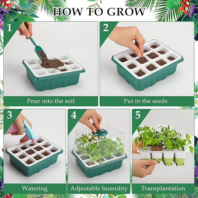Seed Starter Tray, 24 Cells Indoor Seed Starter Kit, Flexible Silicone Designed Seedling Starter Trays, Germination Tray with Humidity Dome & Lids(4in Height), Reusable & Dishwasher Safe, BPA-FREE