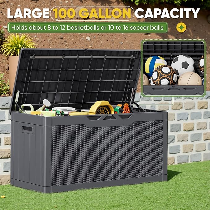 Greesum Outdoor Storage Box 100 Gallon Storage Bin with Lid for Patio Furniture, Garden Tools, Pool Supplies, Lockable, Waterproof and UV Resistant, Gray