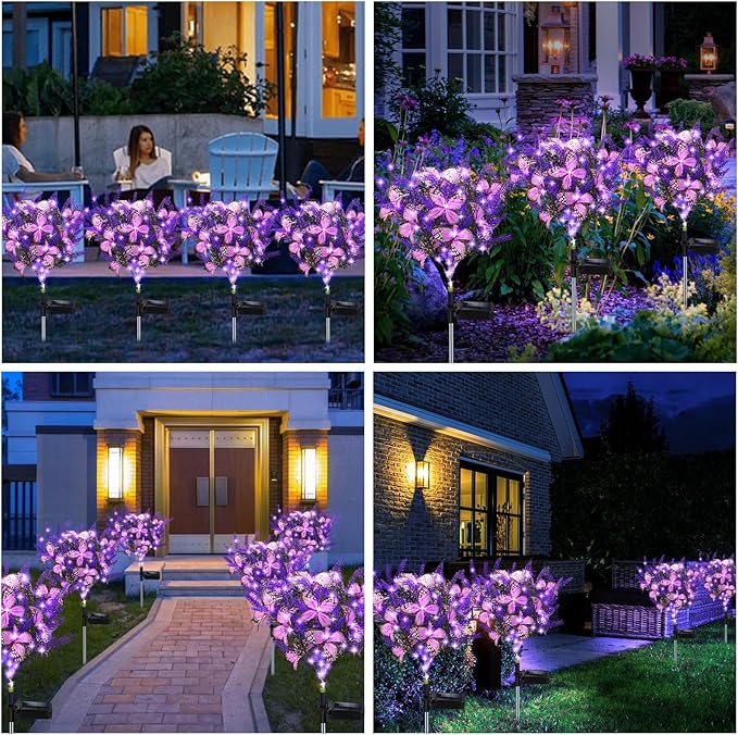 Solar Garden Lights Outdoor, 6 Pack Purple Lavender Solar Butterfly Lights Gardening Gifts for Women,Artificial Flowers Light Purple Halloween Garden Decor for Patio Yard Lawn Christmas