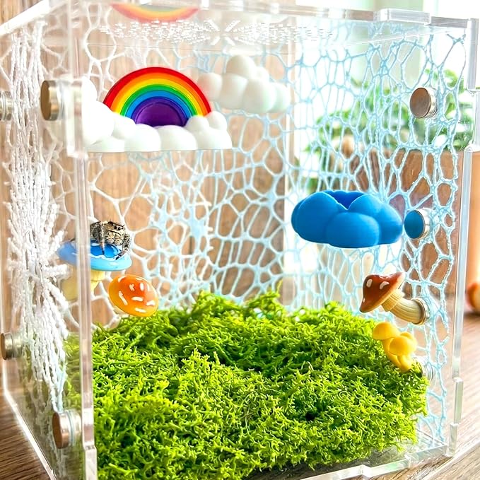 21 Pcs Jumping Spider Enclosure Accessories Kit - Magnetic Rainbow Cloud Hideout & Feeding Bowl, Mushroom Platform Ledges, Climbing Nets, Moss - Aesthetic Habitat Decor for Resting and Exploration