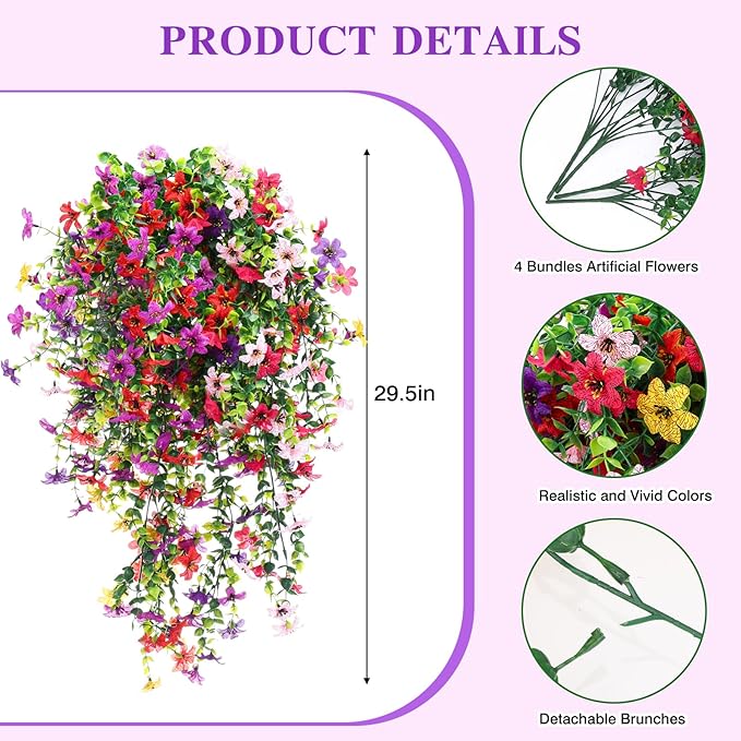 CEWOR 4pcs Artificial Hanging Flowers Plants for Outdoor, Fake Flowers Faux Silk Daisy with Eucalyptus, UV Resistant Realistic Faux Flower for Outside Indoor Home Porch Patio Decor, Multicolor