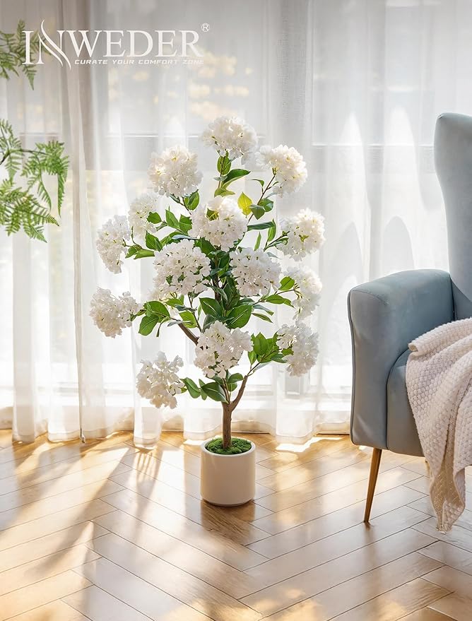Artificial Flower Tree for Porch: 3.6ft Fake Crape Myrtle Trees Set of 2 for Outdoor Front Door Indoor Decor - White Realistic Silk Plant with Pot for Home Living Room Patio Decorations