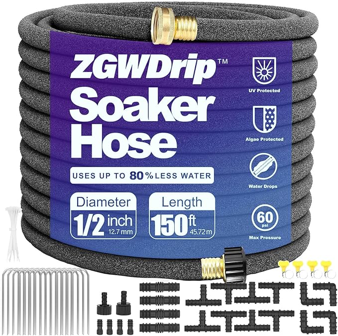 150FT 1/2" Water-Saving Soaker Hose with Solid Brass Connectors, Drip Irrigation Kit for Lawn & Landscaping with Metal Ground Stake & Accessory Kit