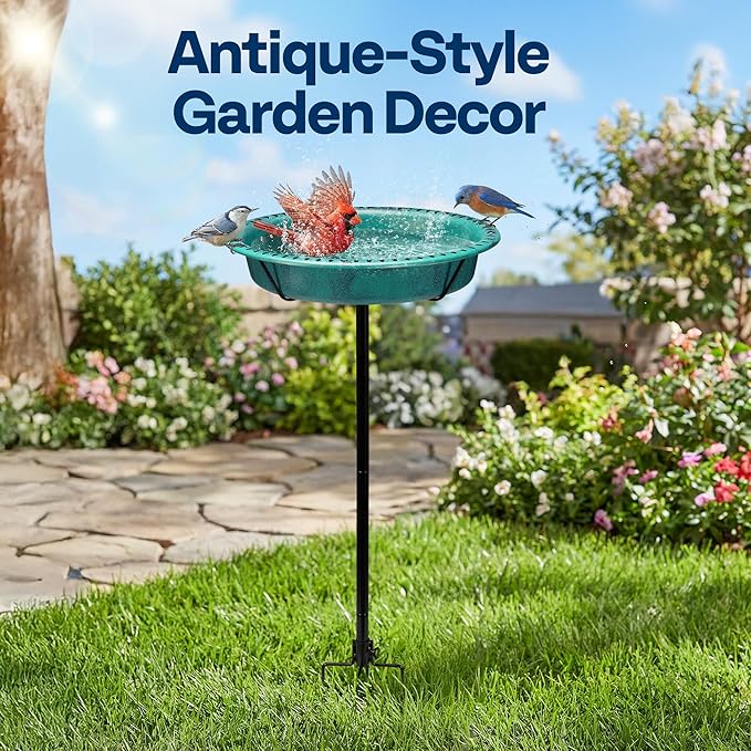 VIVOHOME Oval Bird Bath for Outside, Outdoor Birdbath Bowl with Metal Ground Stake, Weather-Resistant ABS Bird Bath and Feeder for Garden, 1.3 Gallons, Green