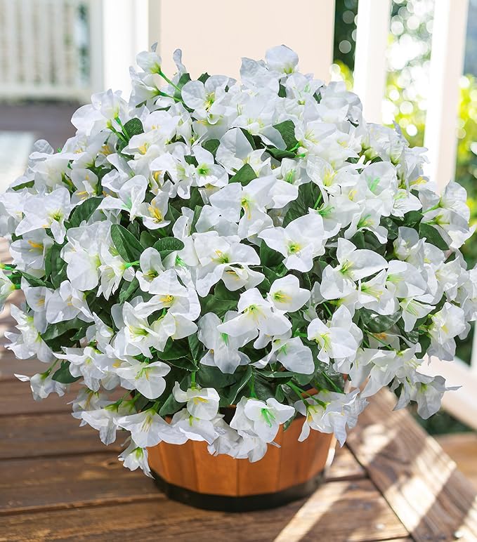 Ivydale Bougainvillea Artificial Flowers for Outdoors Spring Decor, 4 Bundles White Fake Outside Flowers Silk UV Resistant Realistic Faux Plants for Outdoor Planters Porch Patio Window Garden