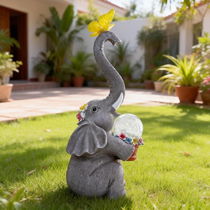 BeePeep Solar Elephant Garden Statues Decor Waterproof Figurine Resin Sculpture Gift for Mom Grandma, Outdoor Decorations for Porch Lawn Yard Home House Gardening Birthday Housewarming (Elephant)