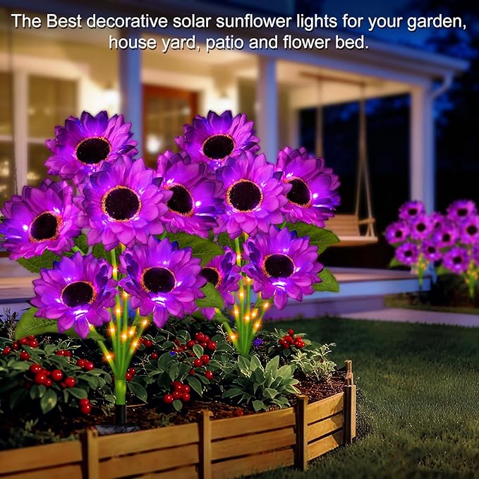 Solar Sunflower Lights Outdoor Garden Decor, 6 Pack Solar Purple Flowers Lights with 18 Sunflowers, Waterproof Fall Decor Stake Decorative Light Auto ON/Off for Garden Yard Patio, Gift for Women