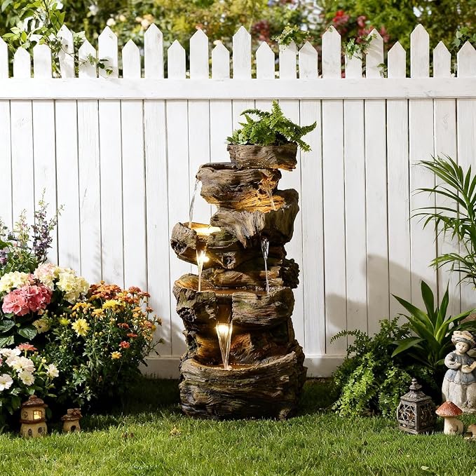 Sunlinua 40H Realistic Tree Cascading Outdoor Water Fountain with 5 Tiers | Resin material,ideal for garden patio backyard porch home decor,6 LED light,easy to install,gifts for women men mom father